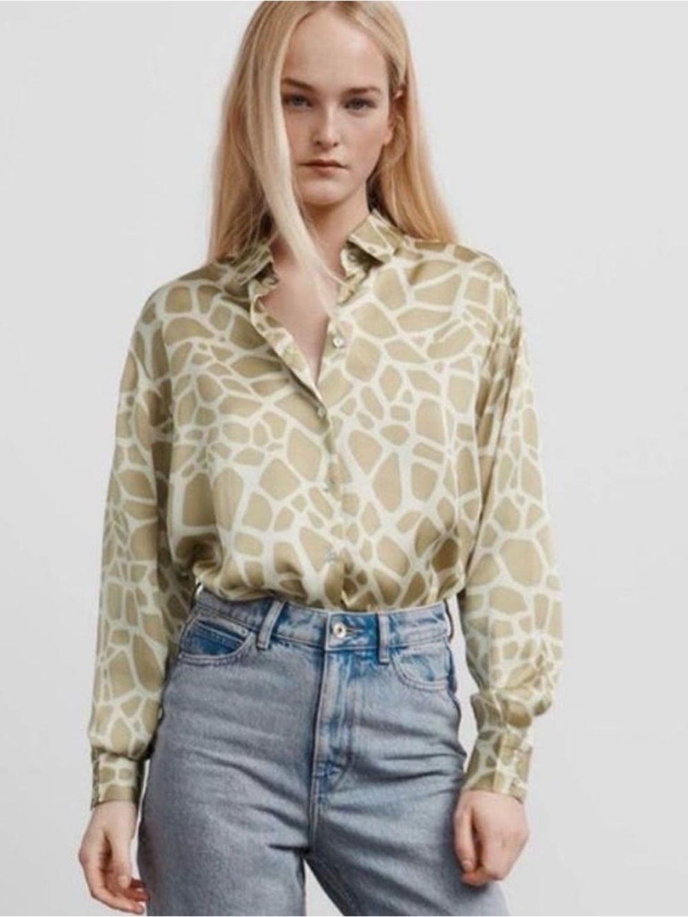 ZARA Silky Giraffe-Print Button-Up Blouse - Beige